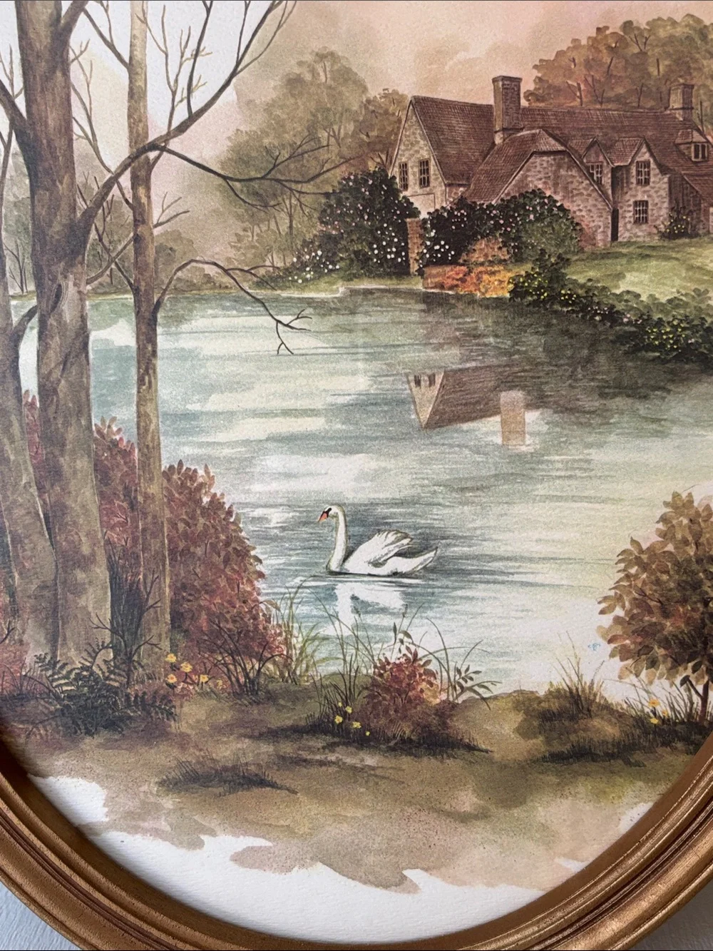 Vintage Homco Framed Oval Wall Print “Cottage Pond”